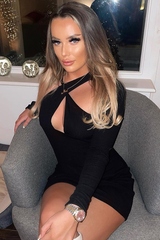 Black Halter Neck Full Sleeve Cut Out Mini Dress - Jade