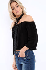 Black Halter Neck Lace up Front Top- Triana-Tops