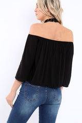 Black Halter Neck Lace up Front Top- Triana-Tops