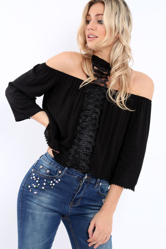 Black Halter Neck Lace up Front Top- Triana