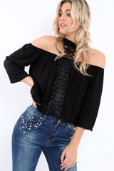 Black Halter Neck Lace up Front Top- Triana-Tops