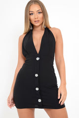 Black Halter Plunge Button Detail Mini Dress - Khaira-Dresses