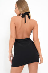 Black Halter Plunge Button Detail Mini Dress - Khaira-Dresses