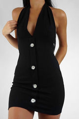 Black Halter Plunge Button Detail Mini Dress - Khaira-Dresses