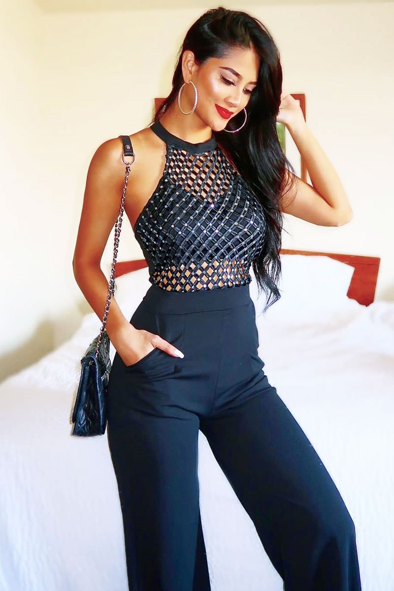 Black Halterneck Cage Design Jumpsuit - Taaliah-Jumpsuits