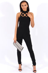 Black Halterneck Cage Detail Jumpsuit - Mandy-Jumpsuits