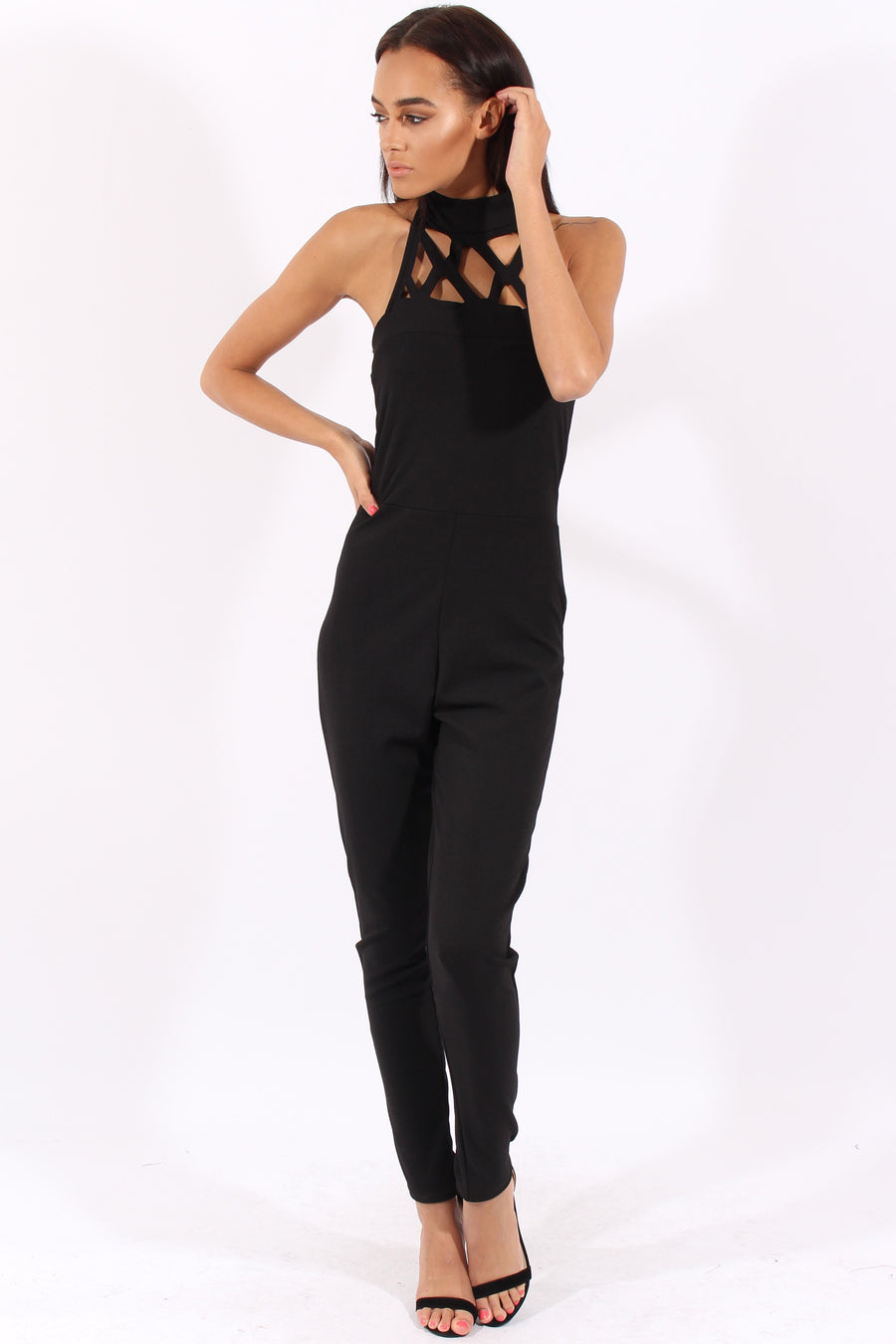 Black Halterneck Cage Detail Jumpsuit - Mandy-Jumpsuits