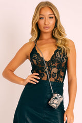 Black Halterneck Lace Strap Back Bodysuit - Terrie-Bodysuits