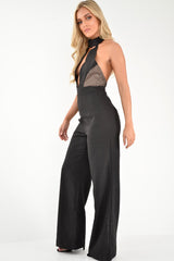 Black Halterneck Plunge Lace Insert Jumpsuit - Oksana-Jumpsuits