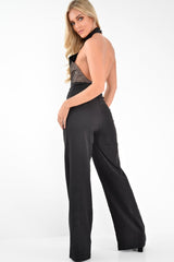 Black Halterneck Plunge Lace Insert Jumpsuit - Oksana-Jumpsuits