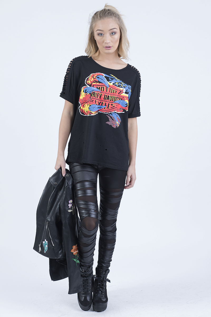 Black 'Harley Davidson' Distressed Top - Addison-Tops