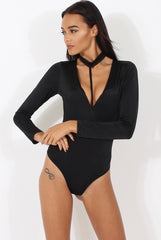Black Harness Choker Long Sleeve Bodysuit - Sandra-Bodysuits