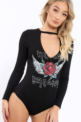 Black Heart Breaker Bodysuit with Plunge Neck - Scarlet-Bodysuits
