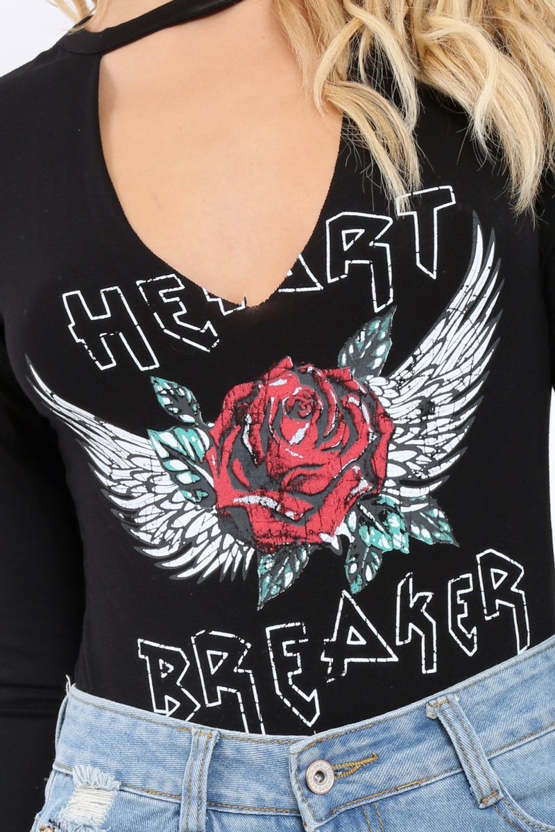 Black Heart Breaker Bodysuit with Plunge Neck - Scarlet-Bodysuits