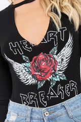 Black Heart Breaker Bodysuit with Plunge Neck - Scarlet-Bodysuits