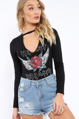 Black Heart Breaker Bodysuit with Plunge Neck - Scarlet-Bodysuits