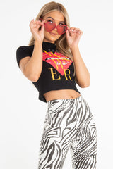 Black Heart Lips Slogan Printed Crop T-Shirt - Lacey-T-shirt