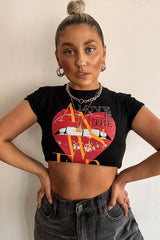 Black Heart Lips Slogan Printed Crop T-Shirt - Lacey-T-shirt