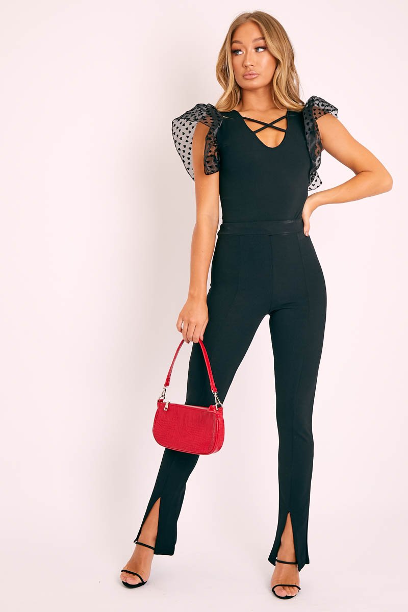 Black Heart Mesh Frill Sleeve Bodysuit - Orianna-Bodysuits