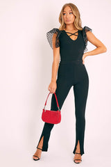 Black Heart Mesh Frill Sleeve Bodysuit - Orianna-Bodysuits