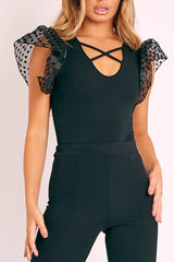 Black Heart Mesh Frill Sleeve Bodysuit - Orianna-Bodysuits