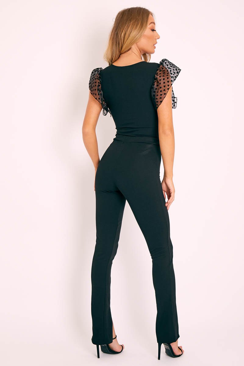 Black Heart Mesh Frill Sleeve Bodysuit - Orianna-Bodysuits