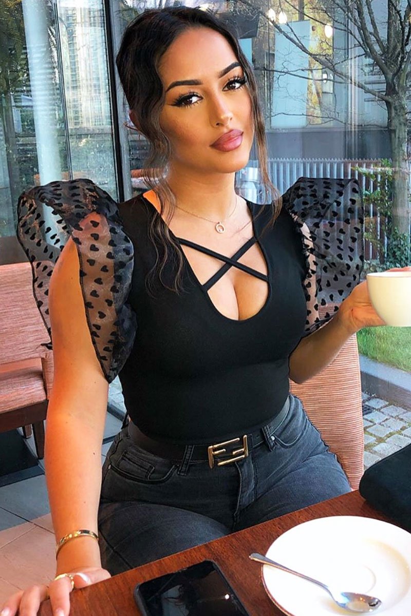 Black Heart Mesh Frill Sleeve Bodysuit - Orianna-Bodysuits