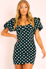Black Heart Print Cup Detail Mini Dress - Malaya-Dresses