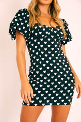Black Heart Print Cup Detail Mini Dress - Malaya-Dresses