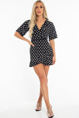 Black Heart Print Plunge Ruffle Detail Mini Dress - Nicolle-Dresses