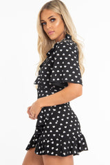 Black Heart Print Plunge Ruffle Detail Mini Dress - Nicolle-Dresses