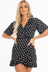 Black Heart Print Plunge Ruffle Detail Mini Dress - Nicolle-Dresses