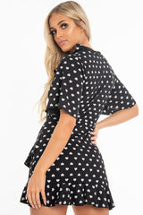 Black Heart Print Plunge Ruffle Detail Mini Dress - Nicolle-Dresses
