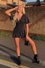 Black Heart Print Plunge Ruffle Detail Mini Dress - Nicolle-Dresses