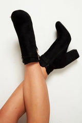 Black Heeled Ankle Boots With Gold Detail - Aamiya-Boots
