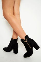 Black Heeled Ankle Boots With Gold Detail - Aamiya-Boots