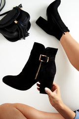 Black Heeled Ankle Boots With Gold Detail - Aamiya-Boots