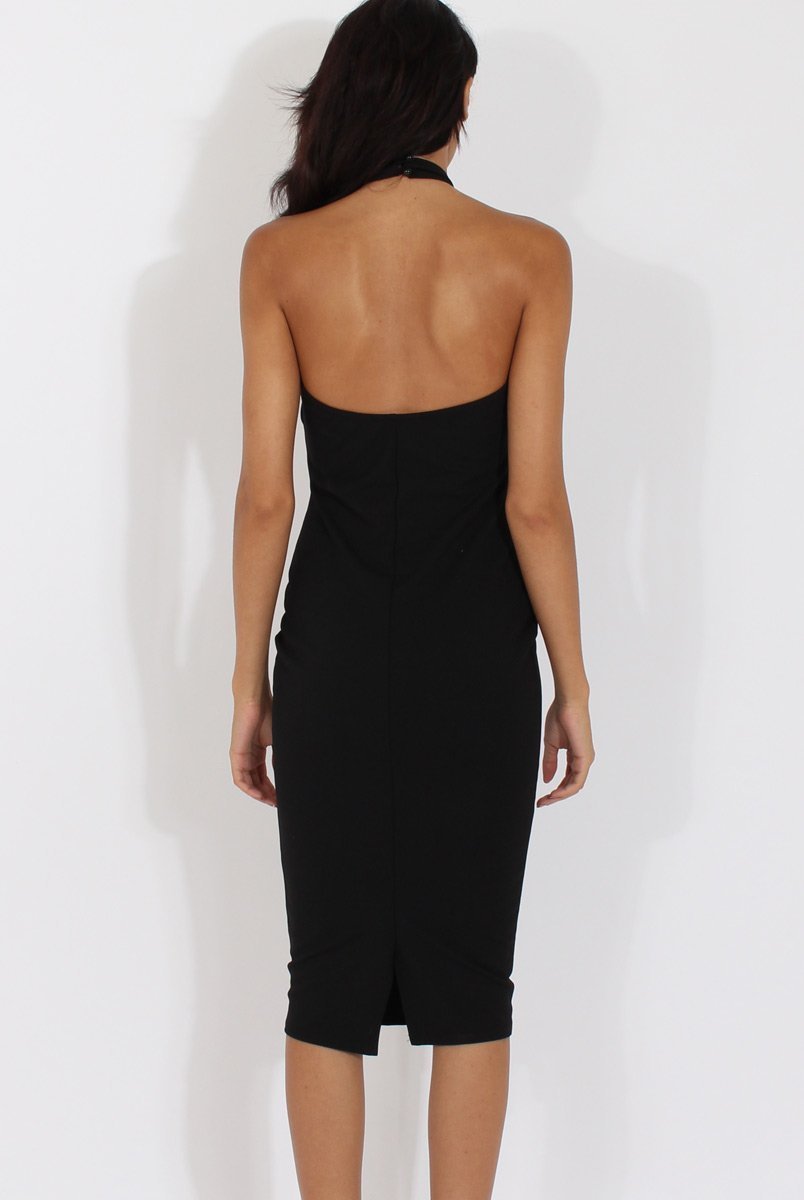 Black High Neck Backless Midi Dress - Petunia Rebellious Fashion Black High Neck Backless Midi Dress - Petunia Rebellious Fashion