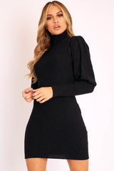 Black High Neck Balloon Sleeve Bodycon Jumper Dress - Ginna-Dresses