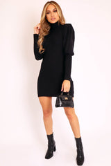 Black High Neck Balloon Sleeve Bodycon Jumper Dress - Ginna-Dresses