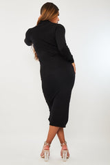 Black High Neck Belted Knit Midi Dress - Jakira-Dresses