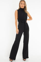 Black High Neck Belted Wide Leg Jumpsuit - Phoebie-Jumpsuits