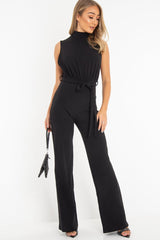 Black High Neck Belted Wide Leg Jumpsuit - Phoebie-Jumpsuits