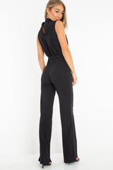 Black High Neck Belted Wide Leg Jumpsuit - Phoebie-Jumpsuits