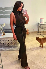 Black High Neck Belted Wide Leg Jumpsuit - Phoebie-Jumpsuits