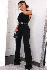 Black High Neck Belted Wide Leg Jumpsuit - Phoebie-Jumpsuits