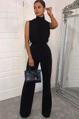 Black High Neck Belted Wide Leg Jumpsuit - Phoebie-Jumpsuits