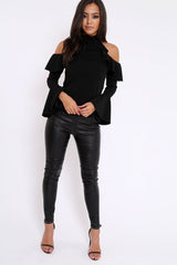Black High Neck Cold Shouldered Frill Top - Stace-Tops