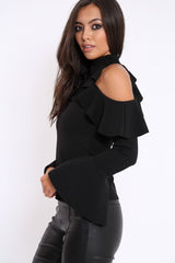 Black High Neck Cold Shouldered Frill Top - Stace-Tops