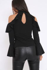 Black High Neck Cold Shouldered Frill Top - Stace-Tops
